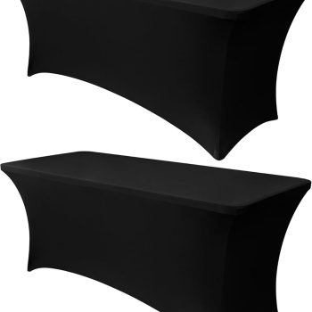 6ft Stretch Black Spandex Table Cloth for Standard Folding Tables - 2 Pack Universal Rectangular Fitted Tablecloth Protector for Wedding, Trade Show, Vendor Stand