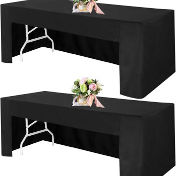 2 Pack 6FT Open Back Fitted Tablecloths, Black Table Clothes for 6 Foot Rectangle Tables, 72 x 30 Inch Washable Polyester Fitted Table Cover for Parties, Wedding, Banquet, Trade Show (Black)