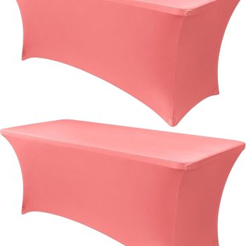 6ft Stretch Spandex Table Cover for Standard Folding Tables - Universal Rectangular Fitted Tablecloth Protector for Wedding, Banquet and Party, 72L x 30W x 30H Inches, Coral Red, 2pc