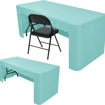 2 Pack Aqua 6ft Table Cloth Fitted-Open Back Folding Table Cover Washable Fabric and Wrinkle Resistant Table Cloth for Trade Show, Book Fair, Career Fair, Convention, Events