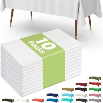 Plastic Table Cloth Disposable 10 Pack, 54 x 108 Inch Table Cloths, Party, Picnic, Wedding, Decorative Tablecloths, Rectangle, White Plastic Cover, Leakproof & Sturdy, White