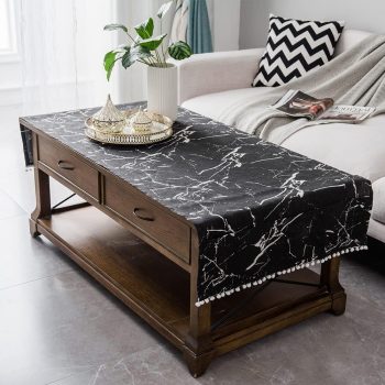 Coffee Table Cloth Rustic Style Living Room Center End Table Cover with Pocket, Cotton Linen Tablecloth (Black Marble,23.6×63 Inch)