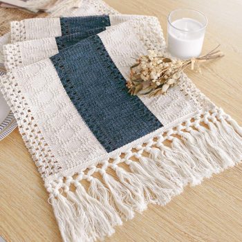 Boho Blue Table Runner 72 Inches Long with Tassels Macrame Farmhouse Style Party Rustic Wedding Baby Bridal Shower Dining Decor (12x72 Inches)