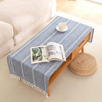 Linen Coffee Table Cloth, Rustic Farmhouse Coffee Table Cover for Living Room Tea Table Washer Dryer Fridge Top Dust Cover-Hollow Blue-20x60inch
