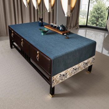 Traditional Feature Coffee Table Cover Rectangle with Embroidered Flowers.Blue Coffee Table Cloth and Tea Table Runner for Living Room,Machine Washable and Dryable(57" L x 19.7" W)