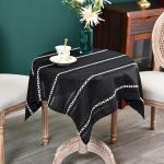 Rustic Farmhouse Embroidered Square Tablecloth Jacquard Striped Table Cloth Linen Washable Dining Table Cover Kitchen Dining Home Decoration Black 36x36 inch