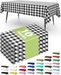 Plastic Table Cloth Disposable 10 Pack, 54 x 108 Inch Table Cloths, Party, Picnic, Decorative Gingham Tablecloths, Rectangle, Black and White Checkered Cover, Leakproof & Sturdy, Black Plaid