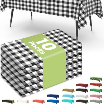 Plastic Table Cloth Disposable 10 Pack, 54 x 108 Inch Table Cloths, Party, Picnic, Decorative Gingham Tablecloths, Rectangle, Black and White Checkered Cover, Leakproof & Sturdy, Black Plaid