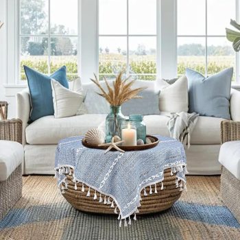 Small Blue Square Tablecloth 36''x36'', Fall Dusty Blue and White Linen Coffee Table Cover, Boho Nightstand Cover Top for Bedroom, End Table Cloth Runner, Coastal Rustic Farmhouse Christmas Home Decor