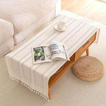Linen Coffee Table Cloth, Rustic Farmhouse Coffee Table Cover for Living Room Tea Table Washer Dryer Fridge Top Dust Cover-Hollow Ivory-20x60inch