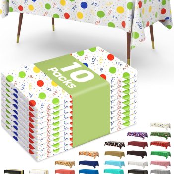 Plastic Table Cloth Disposable 10 Pack, 54 x 108 Inch Table Cloths, Birthday Party Decorations, Picnic, White Tablecloths, Rectangle, Colorful, Rainbow Cover, Leakproof & Sturdy, Balloon