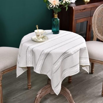 Rustic Farmhouse Embroidered Small Square Tablecloth Jacquard Striped Table Cloth Linen Washable Side Table Cover Kitchen Dining Home Decoration 36x36 inch